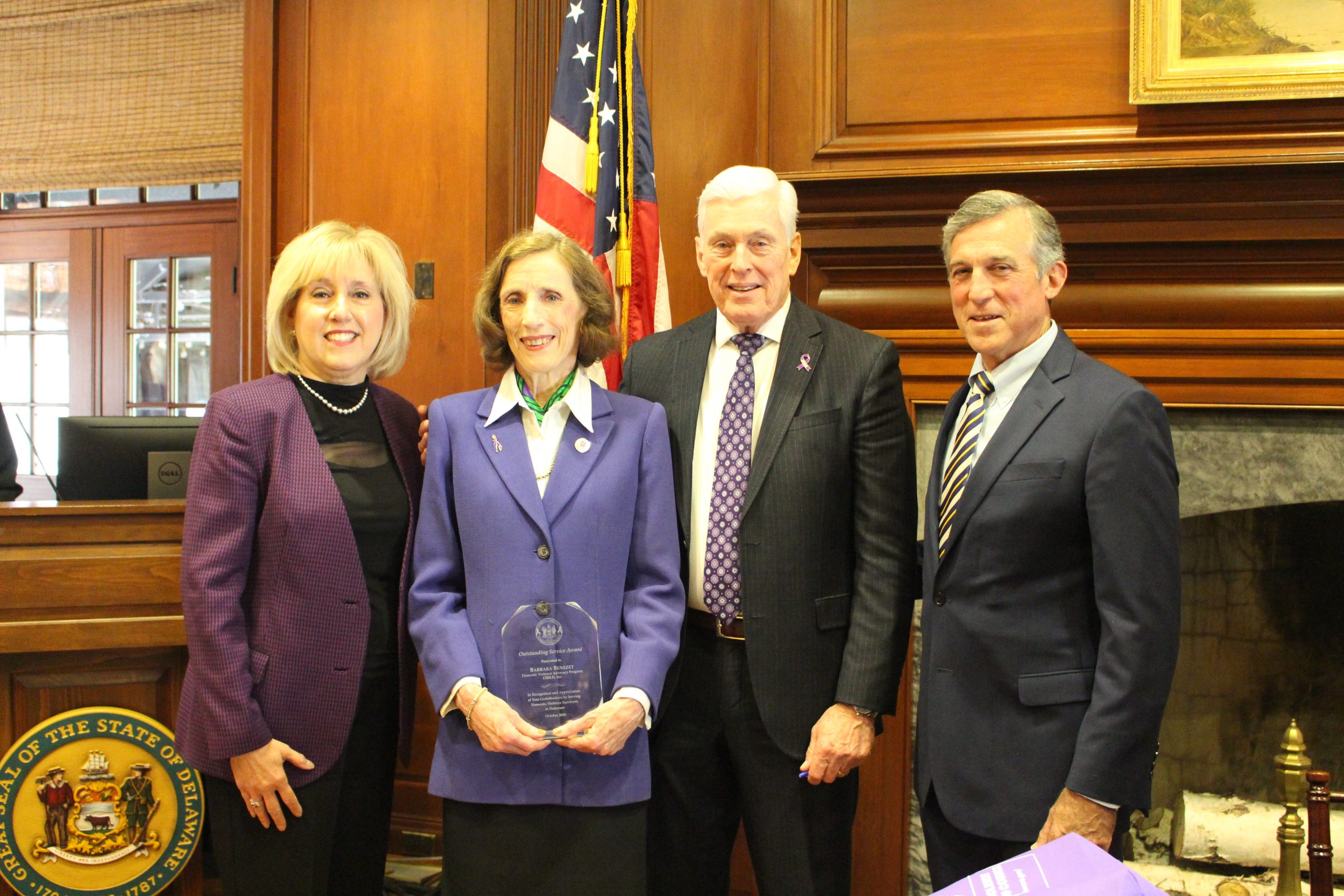 Left to right: Lori Sitler, Barbara Benezet, Chief Judge Newell, and Governor Carney
