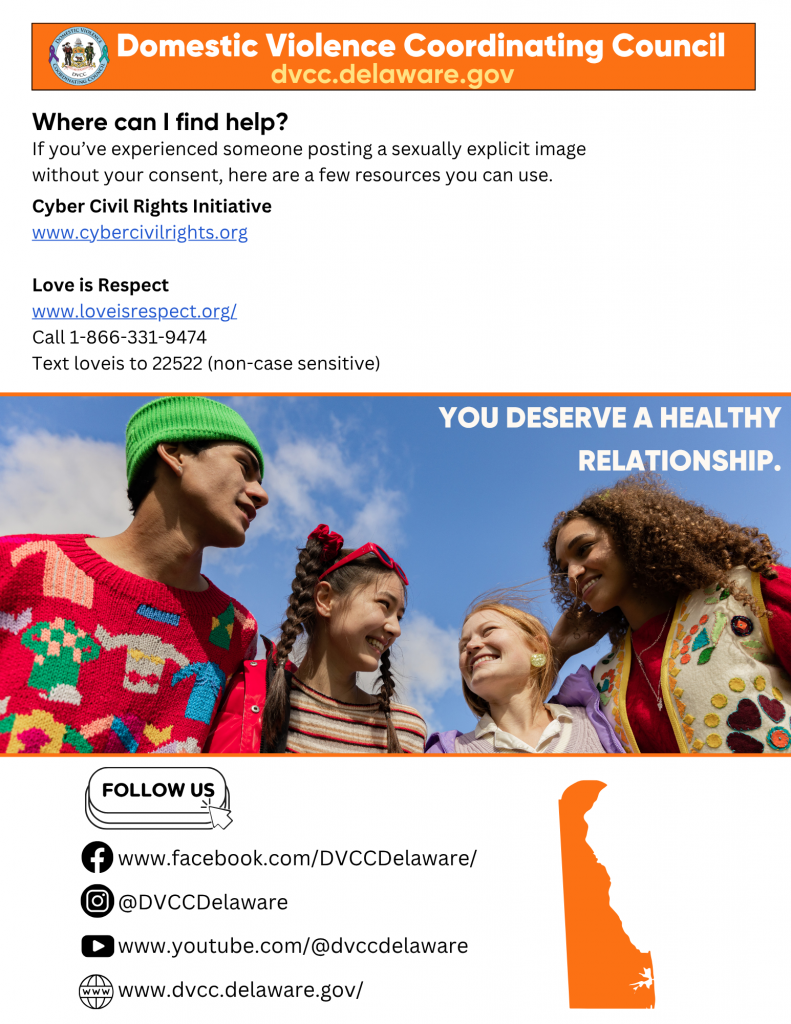 Page two of the sexting one-pager. This includes where to find help and how to follow the social media for DVCC.